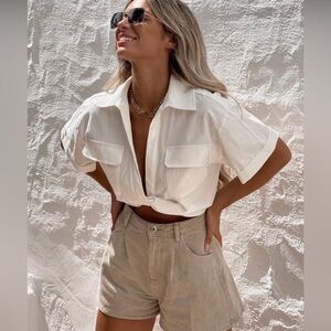 NEW Zara Crop Top with Knot Collar Plunge Neck Short Sleeve Ecru Women's XL